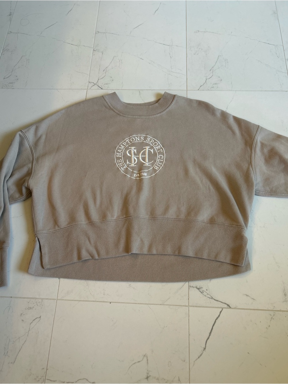Abercrombie & Fitch Cropped Crewneck Sweatshirt in Taupe with White Logo